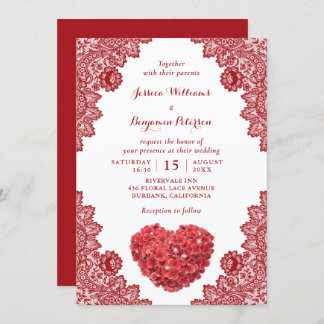 Invitación Boda floral rústico de encaje rojo personalizado I