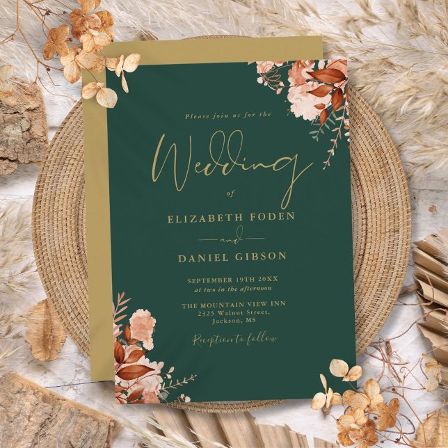 Invitación Boda Floral Rústico De Erecaldo Verde Y Oro (Emerald Green And Gold Rustic Floral Wedding Invitation)