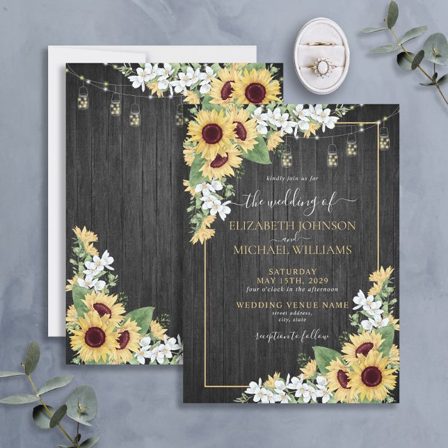 Invitación Boda floral Rústico de girasol y madera gris (Subido por el creador)