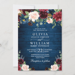 Invitación Boda floral rústico de Rubor azul de la Marina de