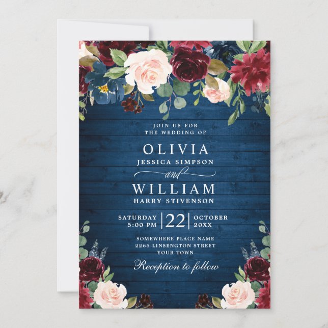 Invitación Boda floral rústico de Rubor azul de la Marina de  (Anverso)