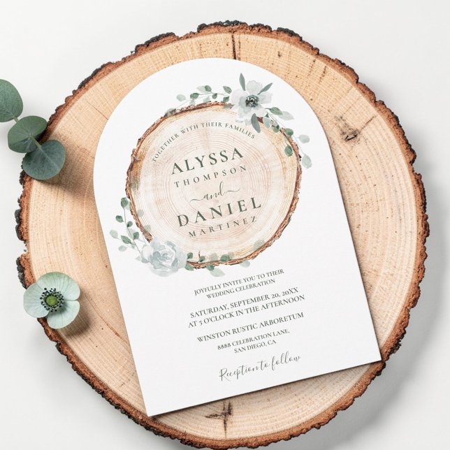 Invitación Boda floral Rústico de Woodland Sage Watercolor (arch wedding invitation, wood cut slice and watercolor rustic flowers and greenery.)