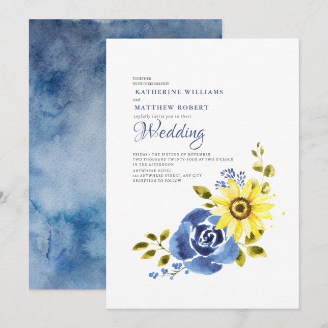Invitación Boda floral rústico del girasol azul de la marina (Anverso / Reverso)