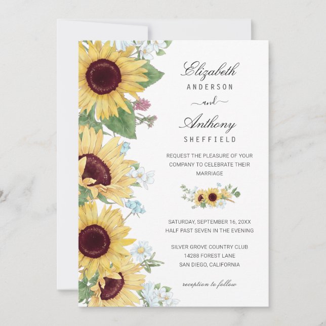 Invitación Boda floral rústico elegante de girasol (Anverso)