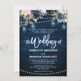 Invitación Boda Floral Rústico Floral Rubor Blue String Light