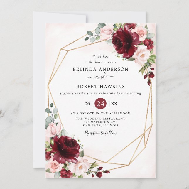 Invitación Boda floral rustico geométrico de Borgoña Rubor (Anverso)
