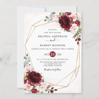 Invitación Boda floral rustico geométrico de Borgoña Rubor