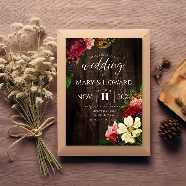 Invitación Boda floral rústico - Madera oscura y botánico (Subido por el creador)