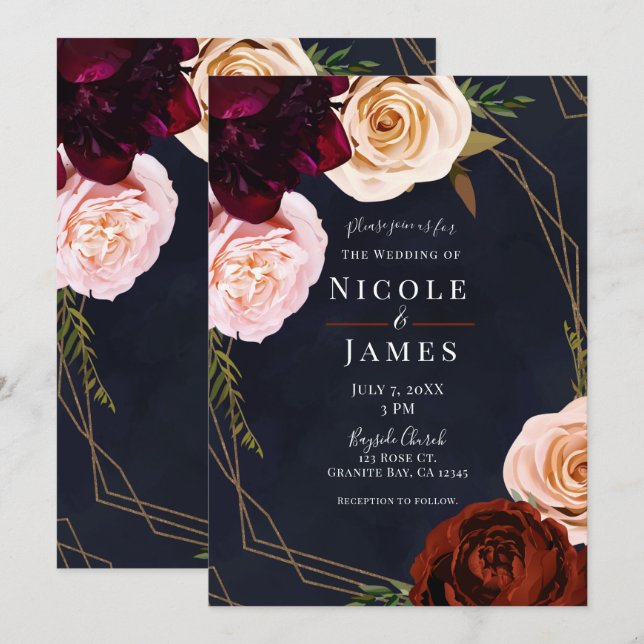 Invitación Boda floral rústico moderno azul oscuro y oro (Anverso / Reverso)