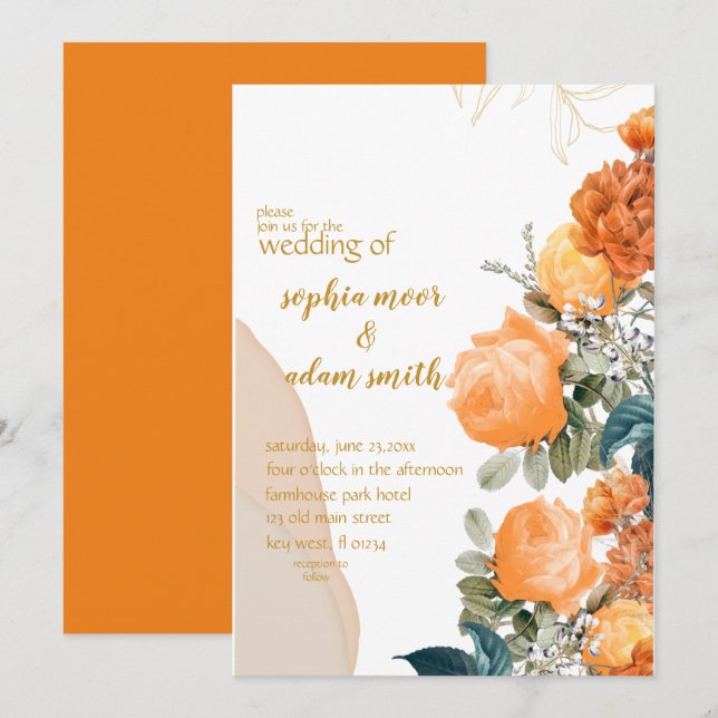 Invitación Boda floral Rústico Neutral Boho naranja (Anverso / Reverso)