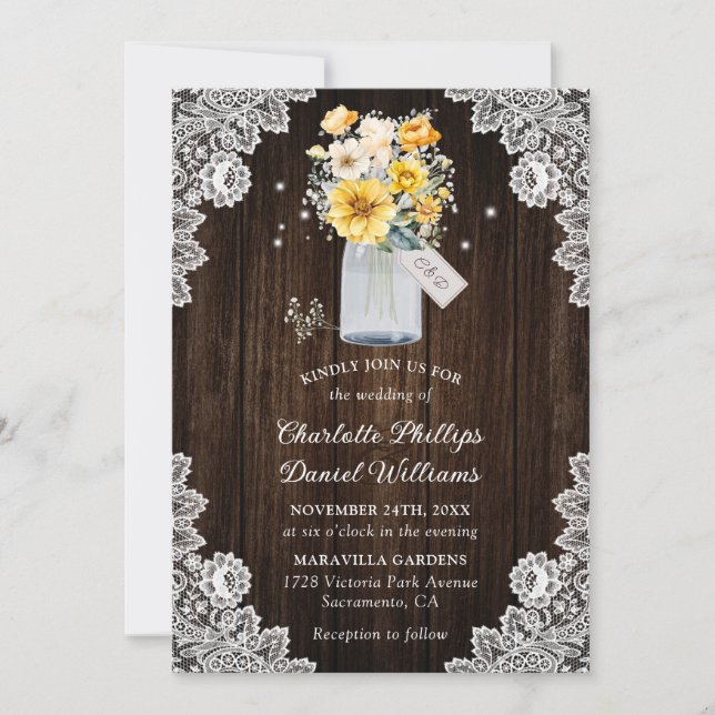 Invitación Boda floral Rústico Rústico de encaje amarillo (Anverso)