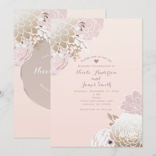 Invitación Boda floral Rústico Vintage de color rosa y oro mo (Anverso / Reverso)