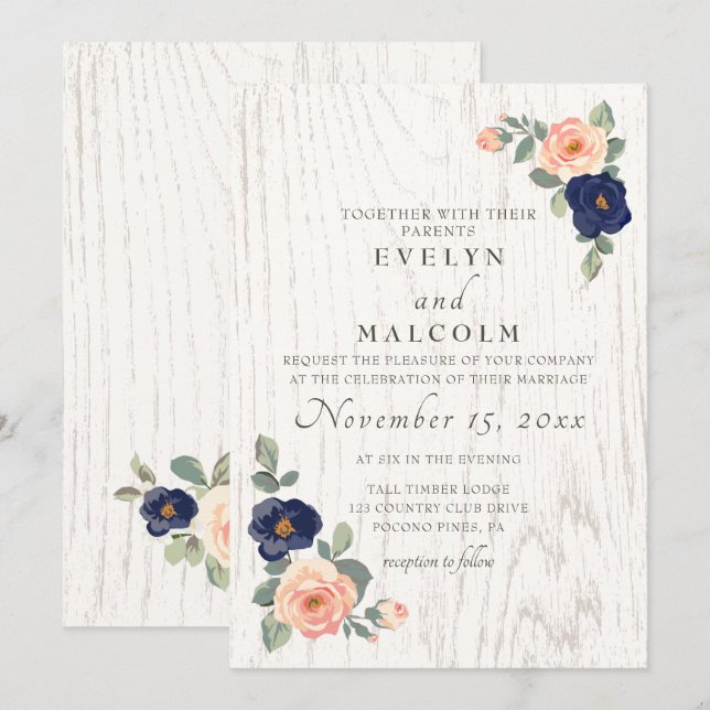 Invitación Boda floral Rústico y azul de la marina (Anverso / Reverso)