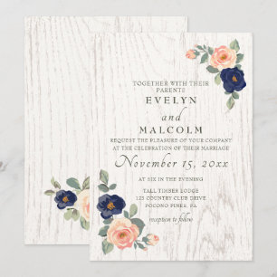 Invitación Boda floral Rústico y azul de la marina