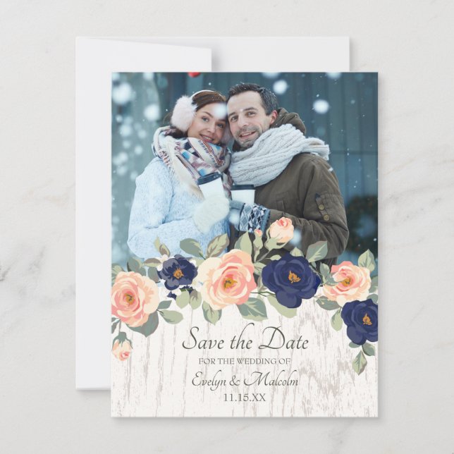 Invitación Boda floral Rústico y azul de la marina (Anverso)