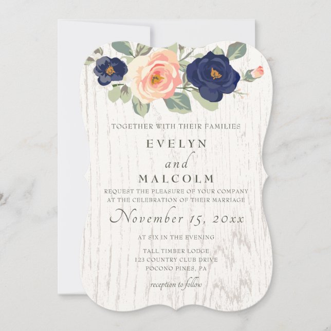 Invitación Boda floral Rústico y azul de la marina (Anverso)
