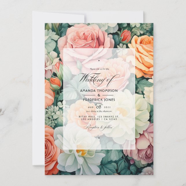 Invitación Boda floral Sage Green y Peach (Anverso)