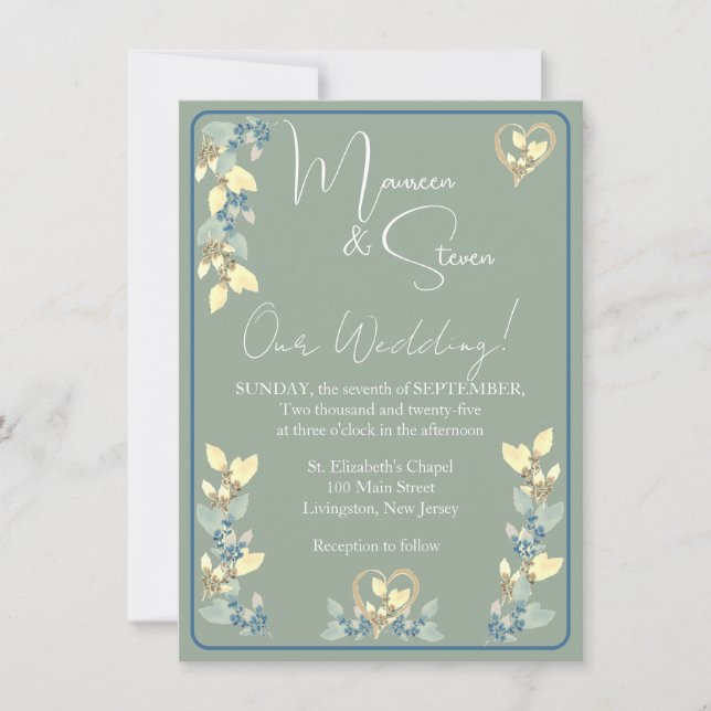Invitación Boda floral Sage, Hues amarillos y azules (Anverso)