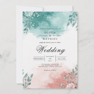 Invitación Boda Floral Salpicadura de Coral Teal