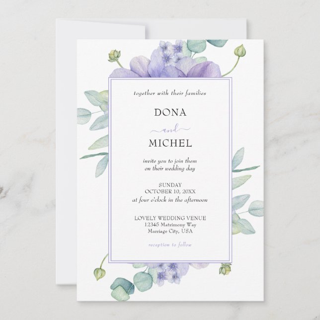 Invitación Boda floral salvaje de verano violeta rústica (Anverso)