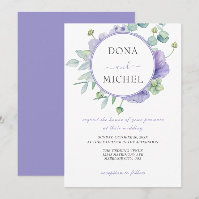 Invitación Boda floral salvaje de verano violeta rústica (Anverso / Reverso)