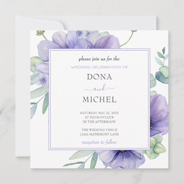 Invitación Boda floral salvaje de verano violeta rústica (Anverso)