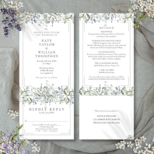 Invitación Boda Floral Salvia y Lila Todo En Uno (Sage And Lilac Floral All In One Wedding Invitation)