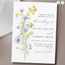 Invitación Boda floral script azul y amarillo 