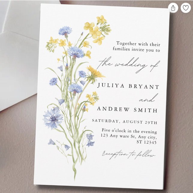 Invitación Boda floral script azul y amarillo  (Subido por el creador)