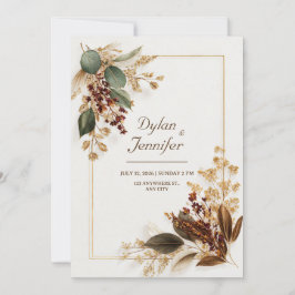 Invitación Boda Floral Seca de Eucalipto Dorado Borgoña