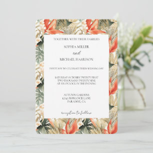 Invitación Boda floral selvática tropical de rojo naranja