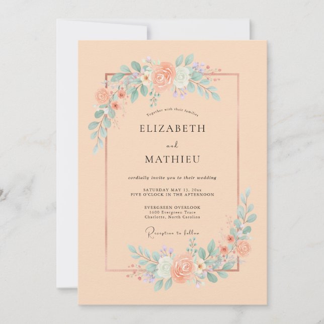 Invitación Boda floral serena albaricoque (Anverso)