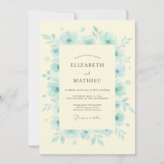 Invitación Boda floral serena azul hielo (Anverso)
