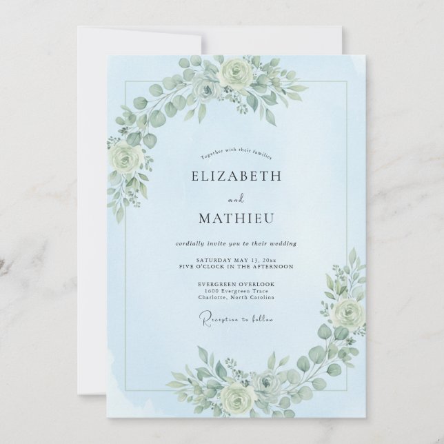 Invitación Boda floral serena azul pálido (Anverso)