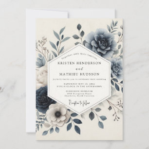 Invitación Boda floral serena azul pizarra