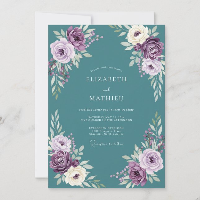 Invitación Boda Floral Serena de Ciruela (Anverso)