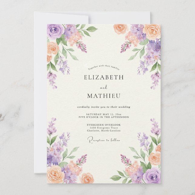 Invitación Boda Floral Serena de Lavanda y Melocotón (Anverso)