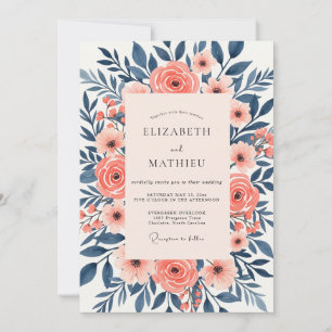 Invitación Boda floral serena de melocotón naval