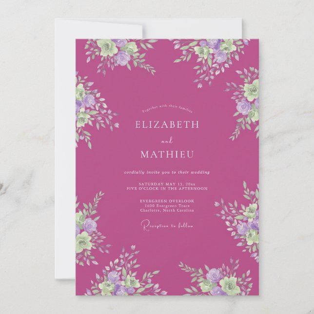 Invitación Boda floral serena magenta (Anverso)