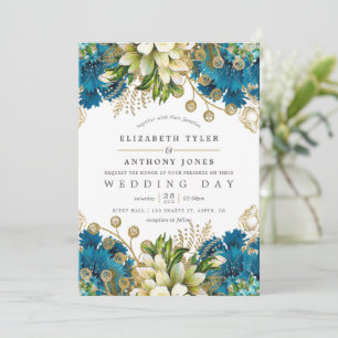Invitación Boda Floral Shabby Turquesa y Dorado Vintage
