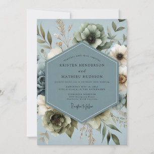Invitación Boda floral silenciada azul pizarra