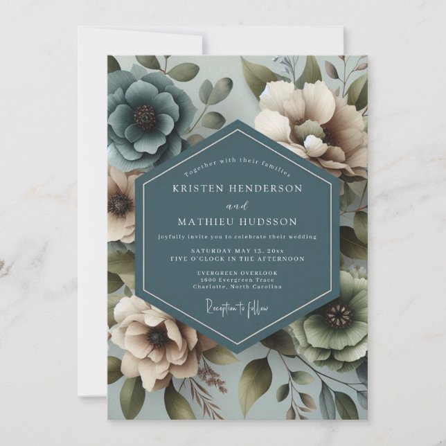 Invitación Boda floral silenciada azul pizarra (Anverso)