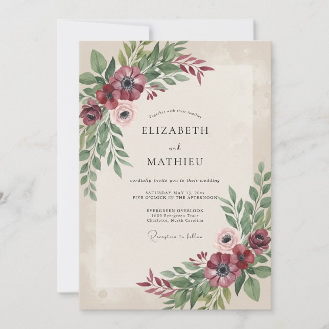 Invitación Boda floral silenciada de Borgoña (Anverso)