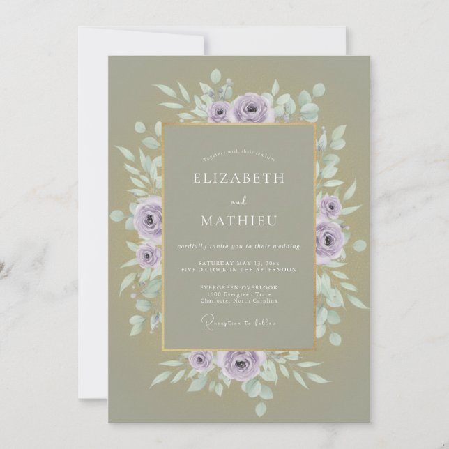 Invitación Boda Floral Silenciada de Lavanda Salvia (Anverso)