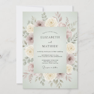 Invitación Boda floral silenciada en verde salvia
