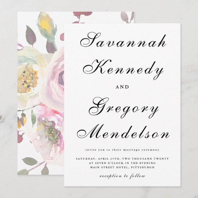 Invitación Boda floral silenciado con guión clásico y elegant (Anverso / Reverso)
