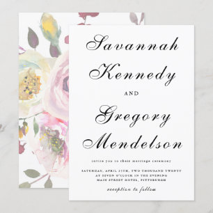 Invitación Boda floral silenciado con guión clásico y elegant