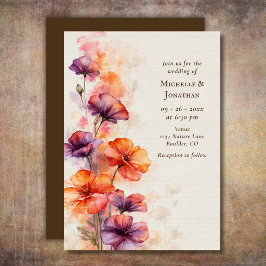 Invitación Boda floral silvestre acuarela naranja púrpura