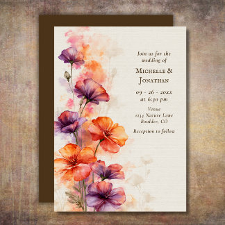 Invitación Boda floral silvestre acuarela naranja púrpura
