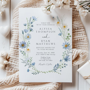 Invitación Boda floral silvestre de azul polvoriento y verde 